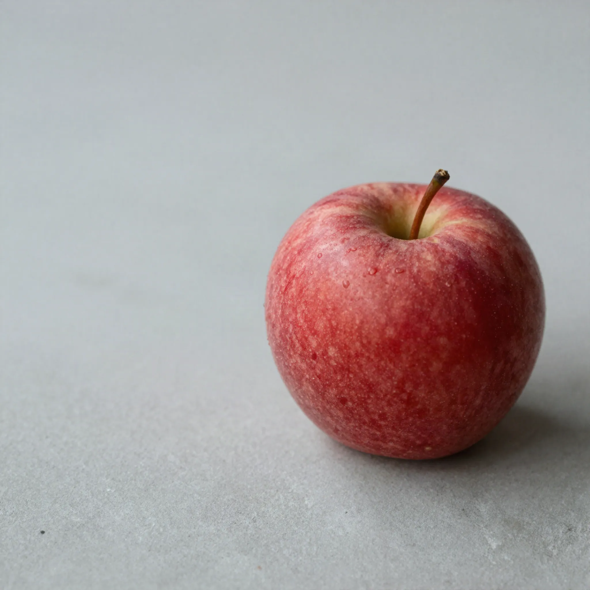 A single ripe red apple sitting on a plain light grey concrete surface, lit by soft even daylight, with the background falling gently out of focus.