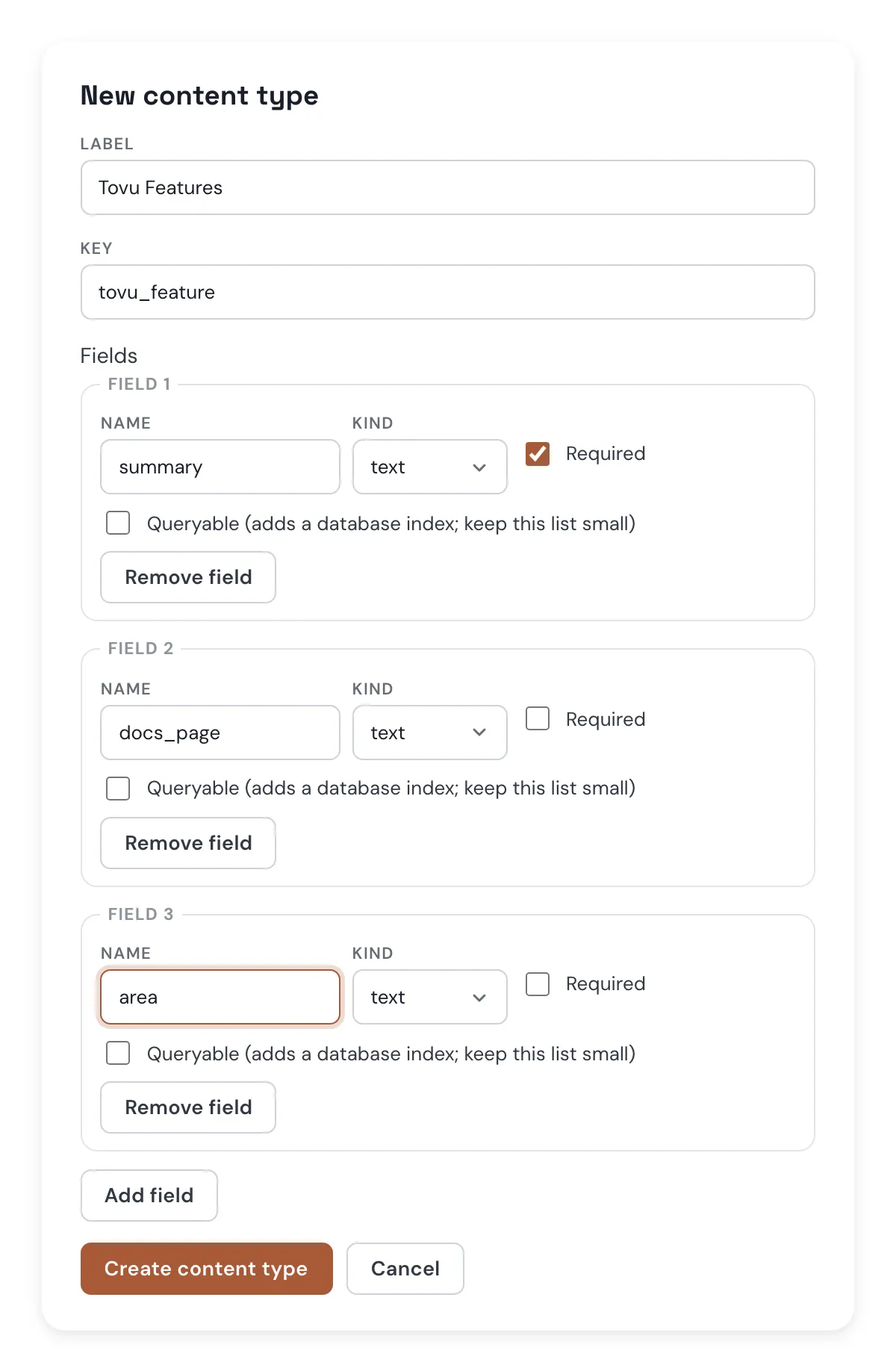 Admin dialog for New content type: Tovu Features label, key tovu_feature, and three fields — summary text required, docs_page text, area text