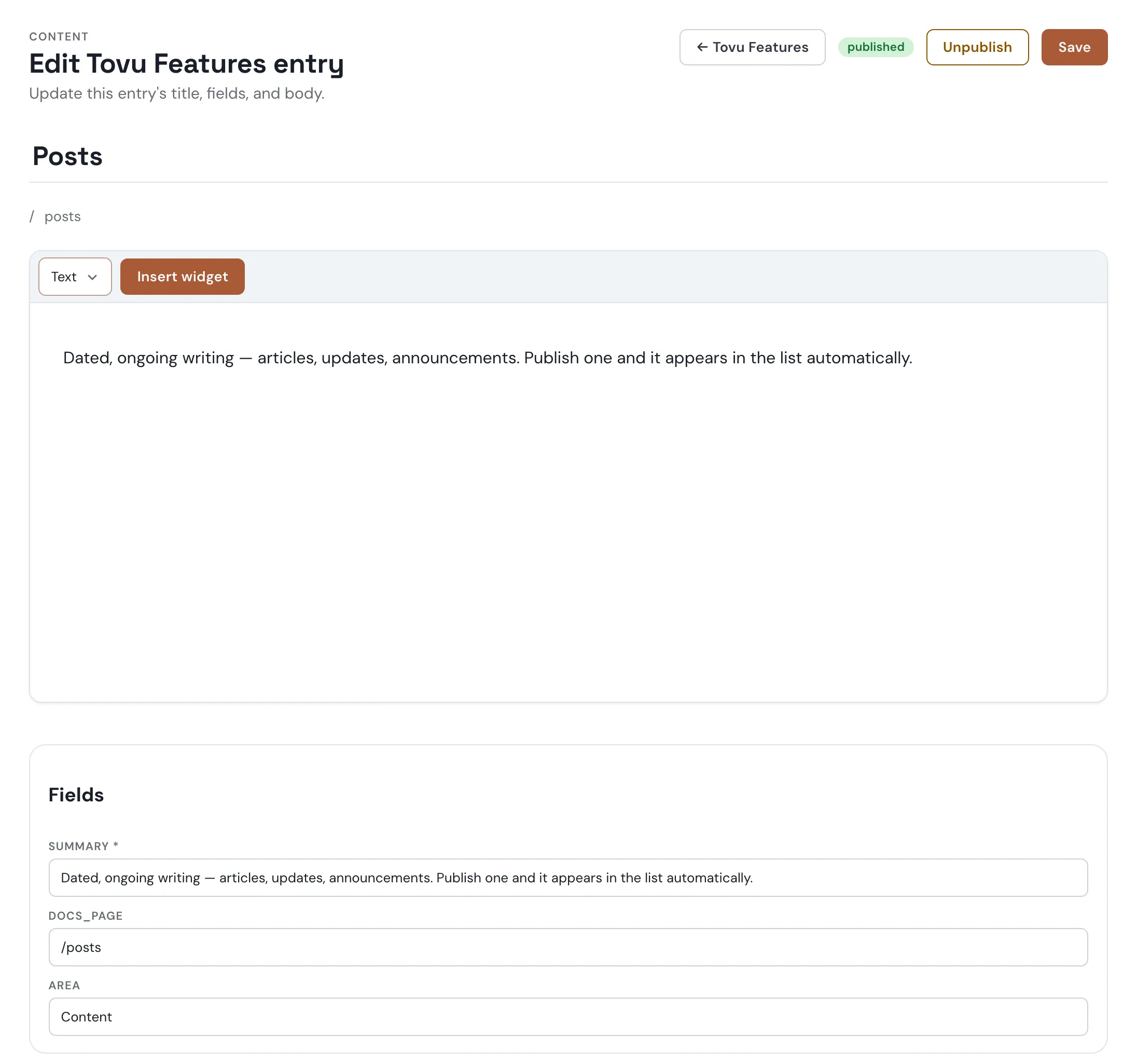 A published Tovu Features entry titled Posts, with its summary, docs_page /posts, and area Content fields filled in