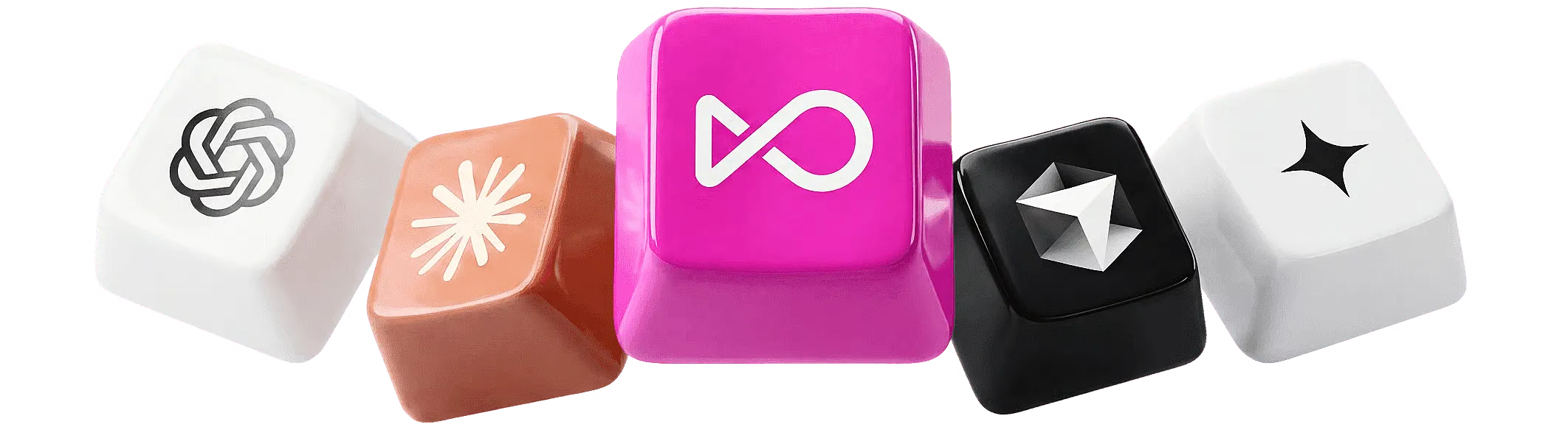 A row of keycaps carrying the logos of the AI coding agents Tovu can drive.