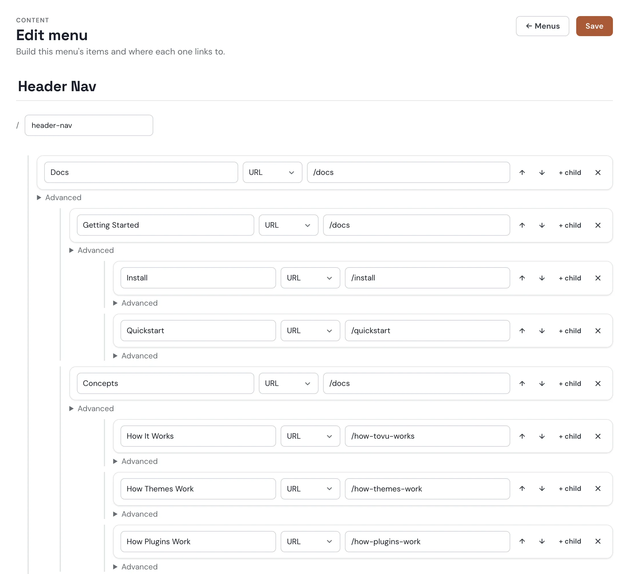 Editing the Header Nav menu: a Docs item with nested Getting Started, Install, Quickstart, Concepts, and How It Works items indented beneath it