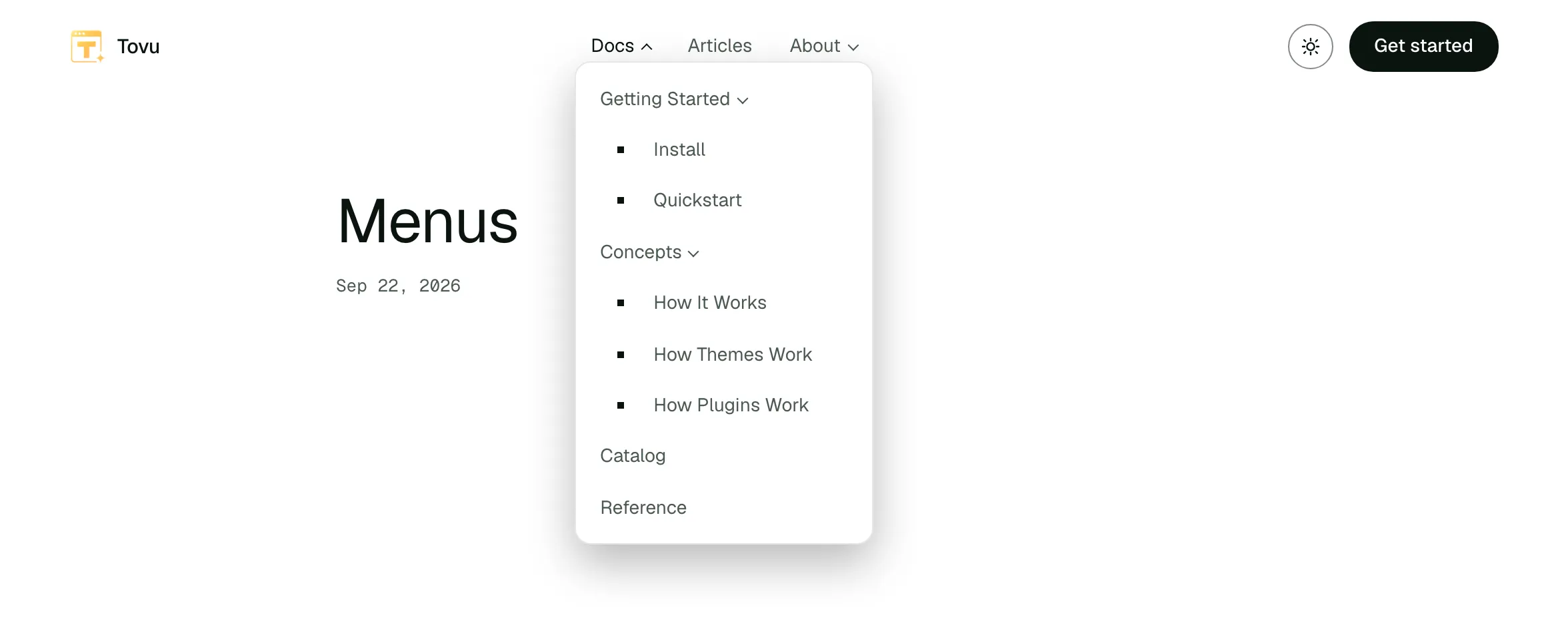 The Docs item in the site header nav, open as a dropdown, showing Getting Started, Concepts, and their nested sub-items