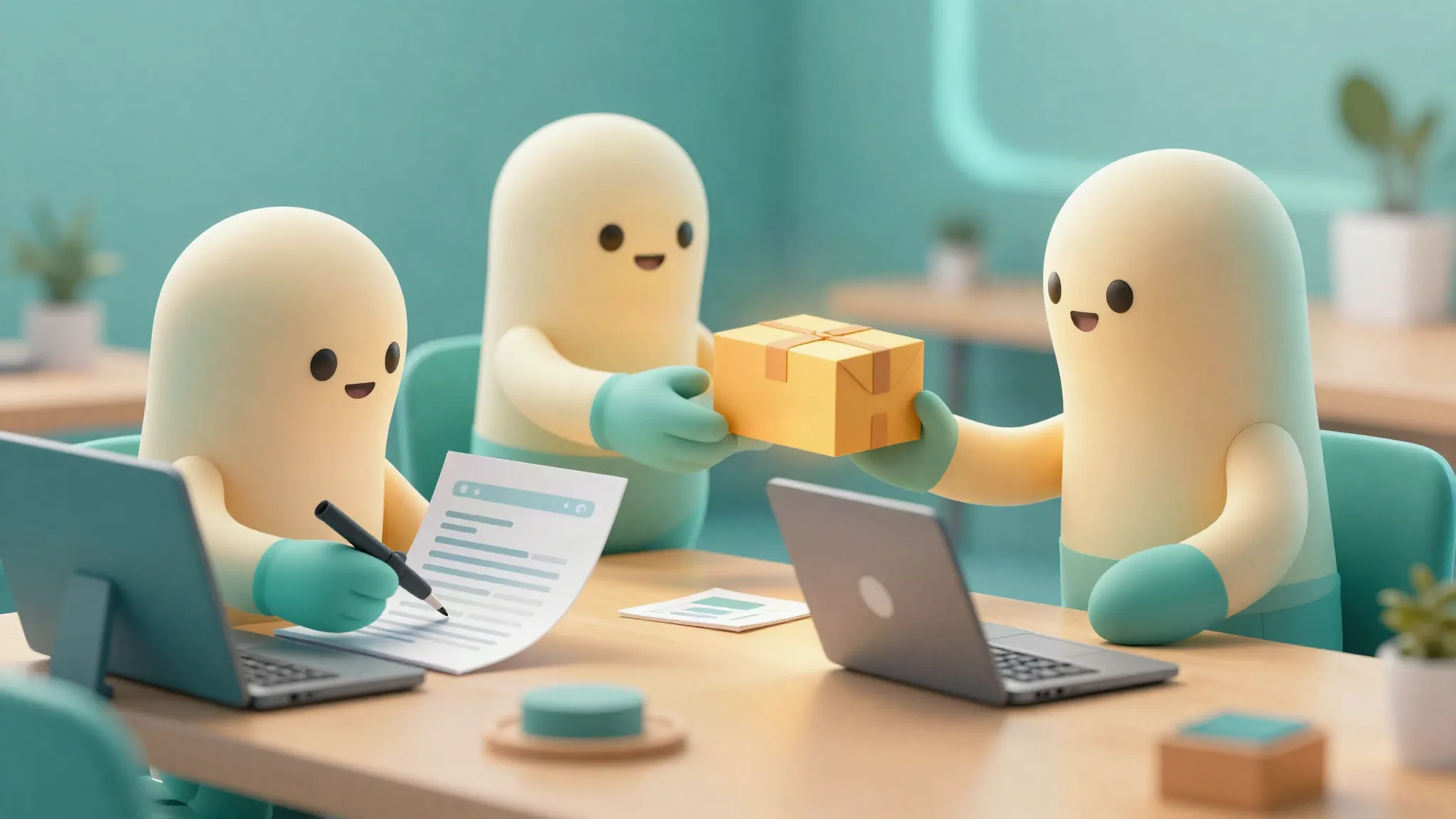 Small abstract figures made of soft geometric light gathered around a futuristic workbench: one reads a document, one fills in a web form, and one hands a glowing parcel to another, in teal and amber tones.
