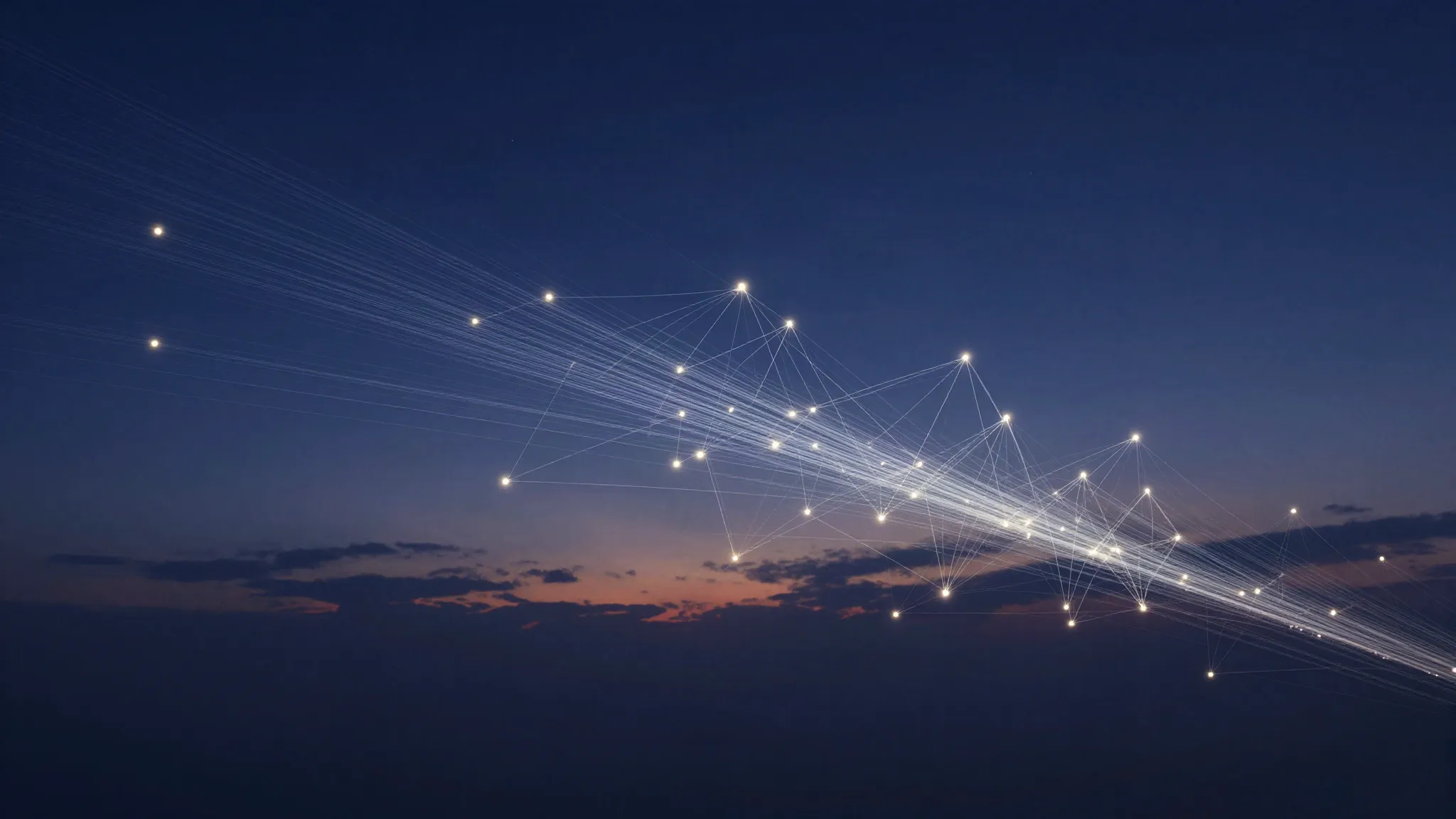A glowing web of threads across a dark indigo sky, with small points of light moving along the strands between nodes as dawn breaks on the horizon.