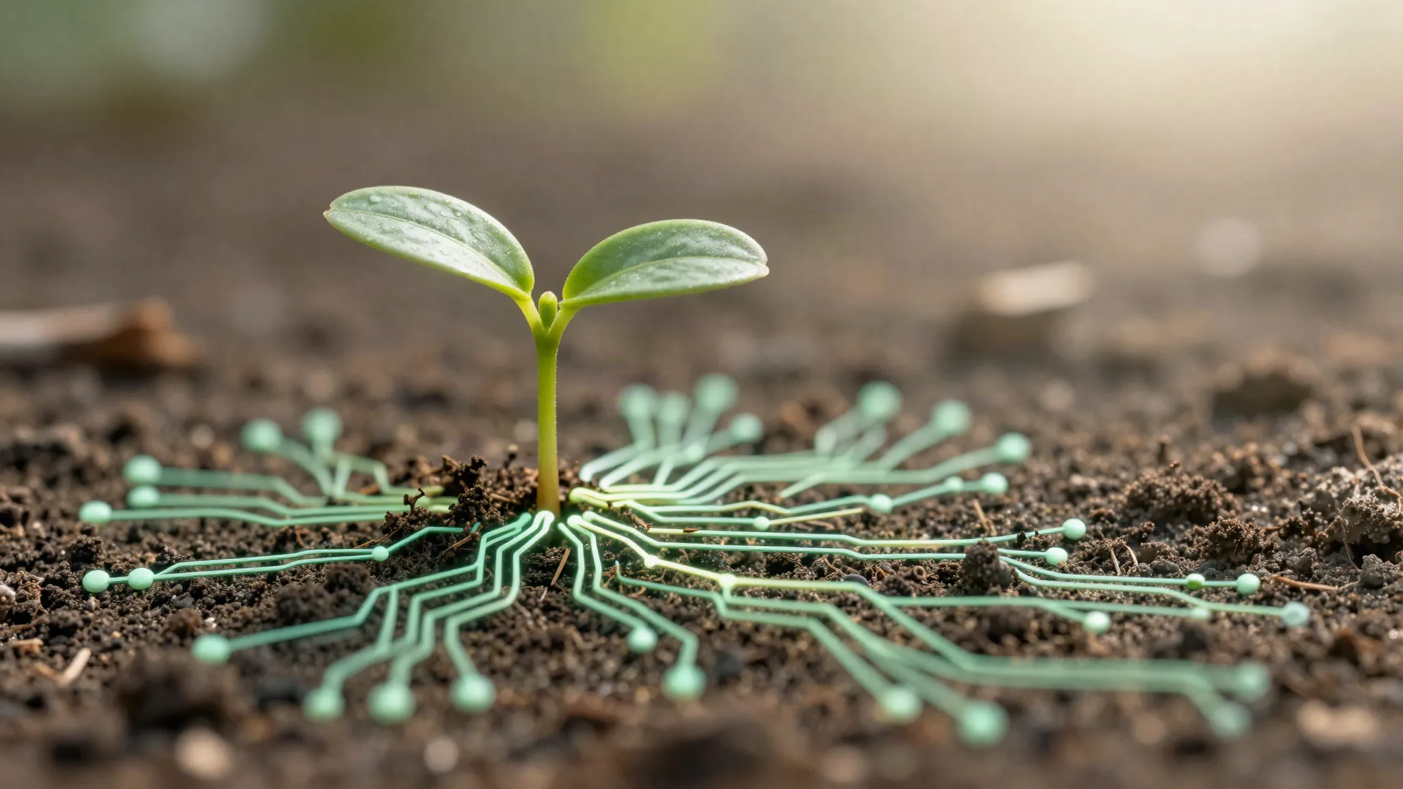 A small green seedling coming up out of dark soil, its roots drawn as glowing circuit lines that spread into an underground network of connected nodes.