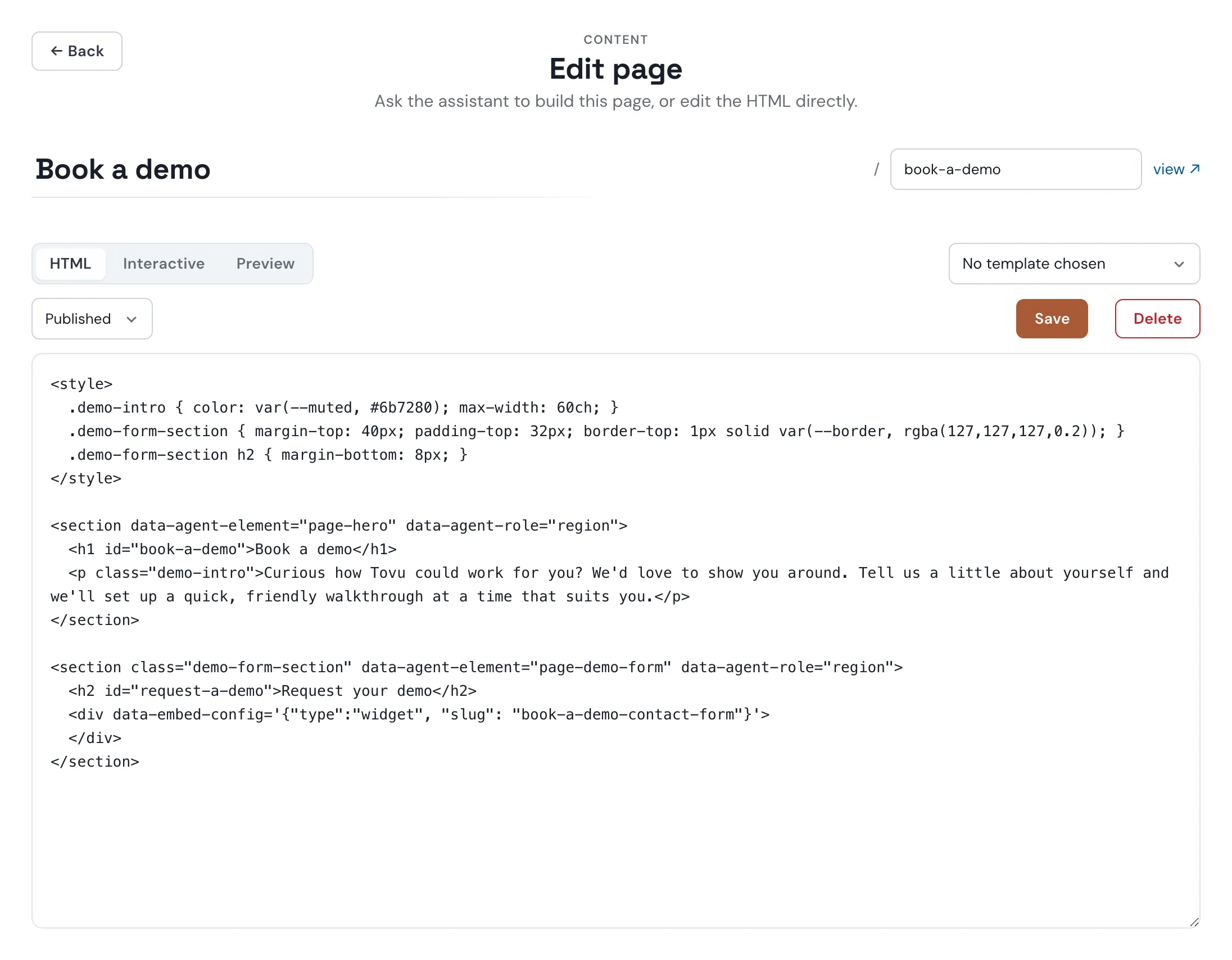 The Pages editor on the HTML tab, showing a Book a demo page's raw HTML: a style block, a heading, and a widget embed marker