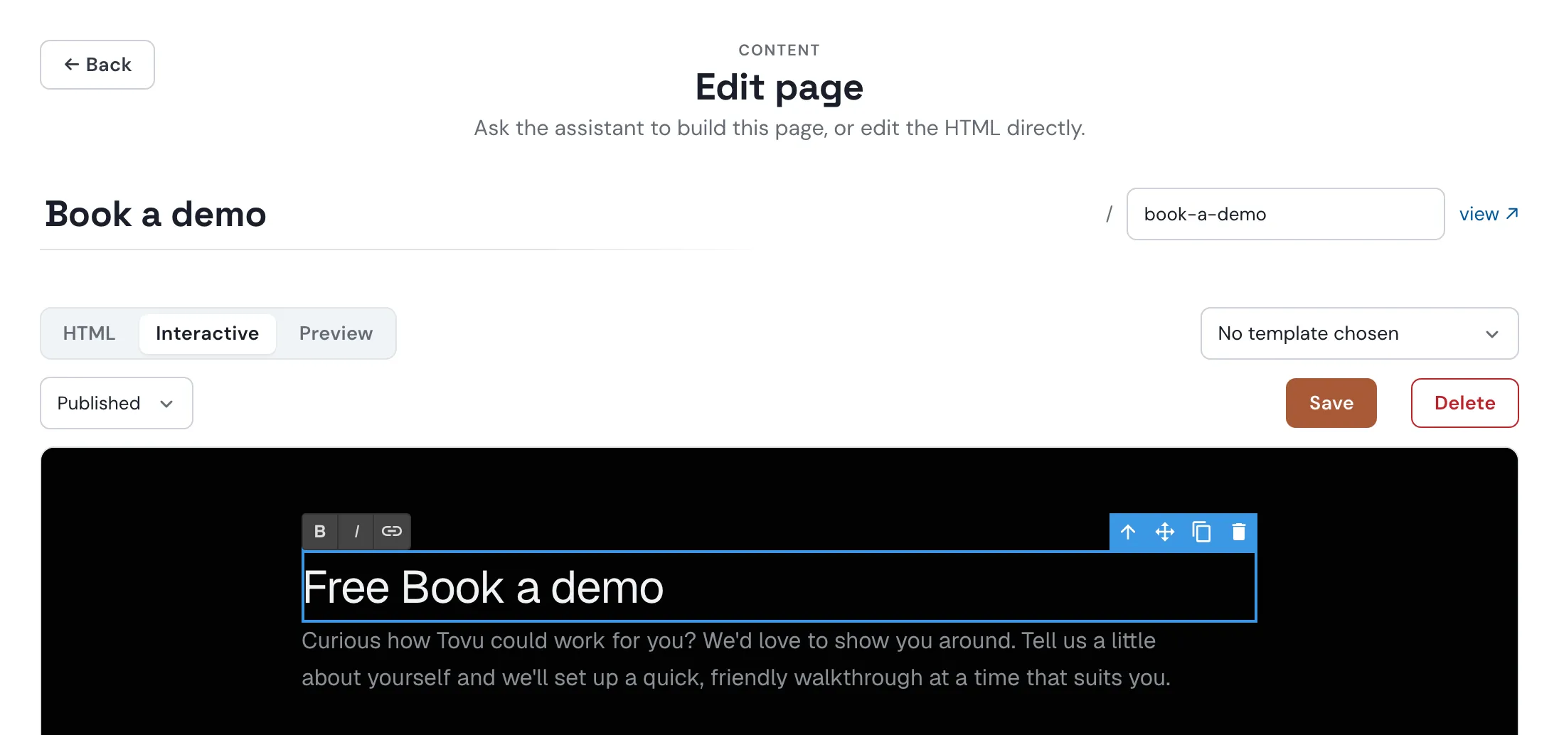 The Interactive tab with the page heading selected and changed to Free Book a demo, showing the bold, italic and link toolbar and the move, duplicate and delete buttons