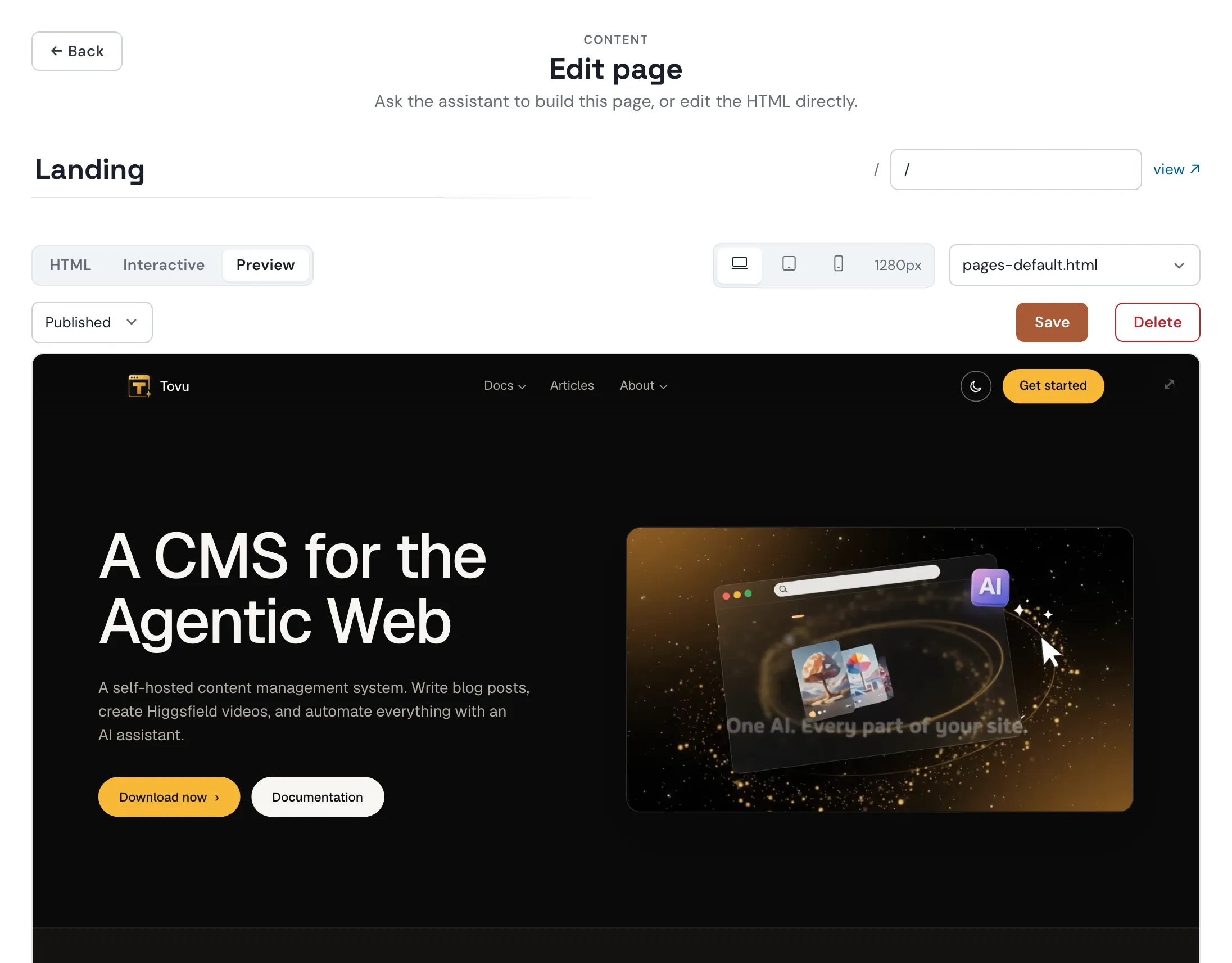 The Preview tab at Desktop width showing the tovu.dev home page, with the Desktop, Tablet and Mobile buttons and the template picker above it