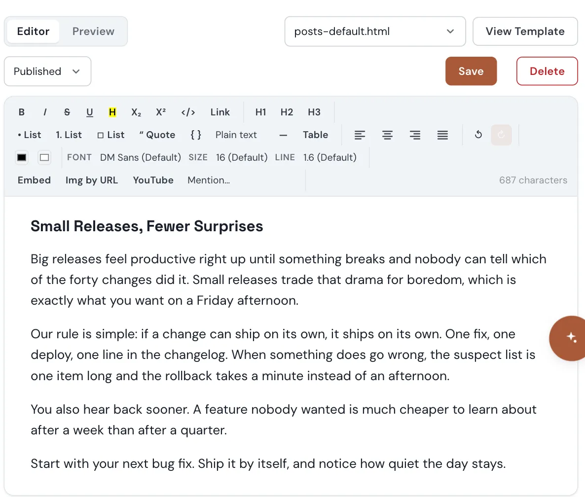 The Tovu post editor: a TipTap toolbar above the post body
