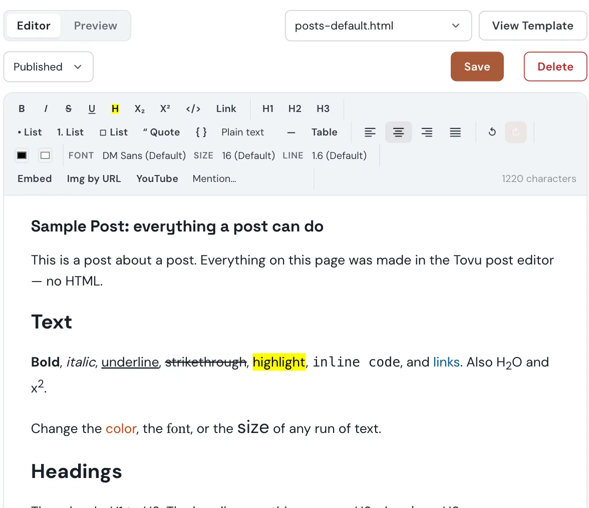 This sample post open in the Tovu post editor, with the TipTap toolbar above it